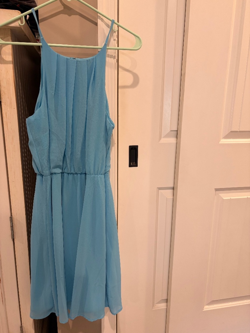 Sky Blue Pleated High Neck Chiffon A Line Dress